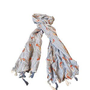 Striped Goldfish Print Scarf With Tassel Accents Lightweight Cotton Blend